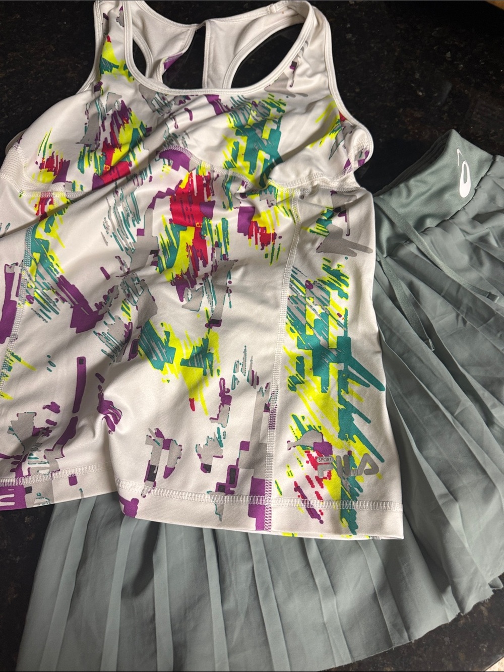 Tennis 🎾 Fila L White Tank Top with Neon Yellow, Teal & Purple Skort M